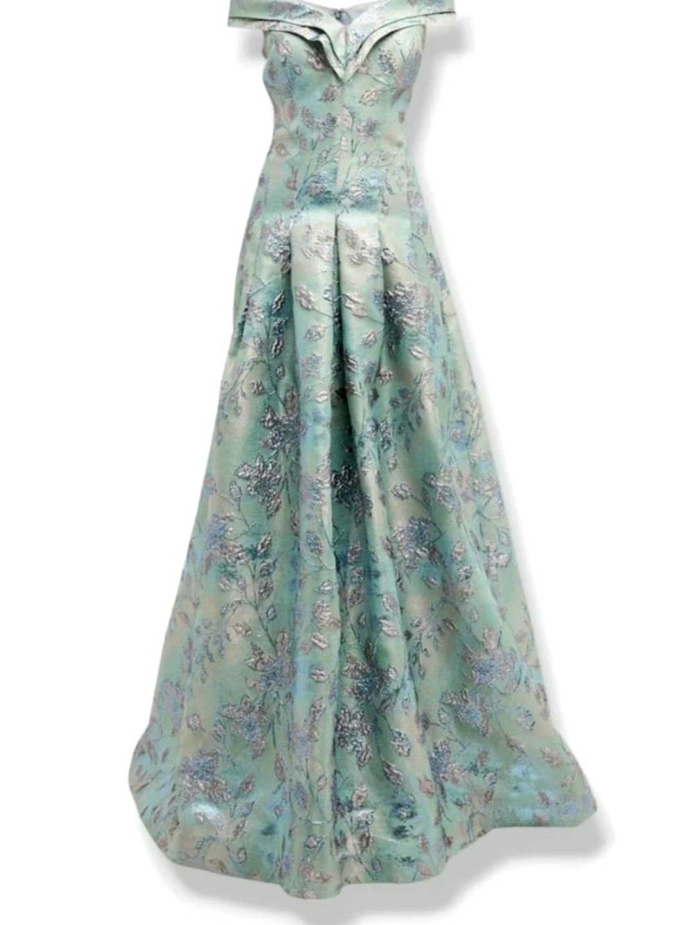 Rickie Freeman for Teri Jon Aqua Off-Shoulder Floral Jacquard Maxi Gown